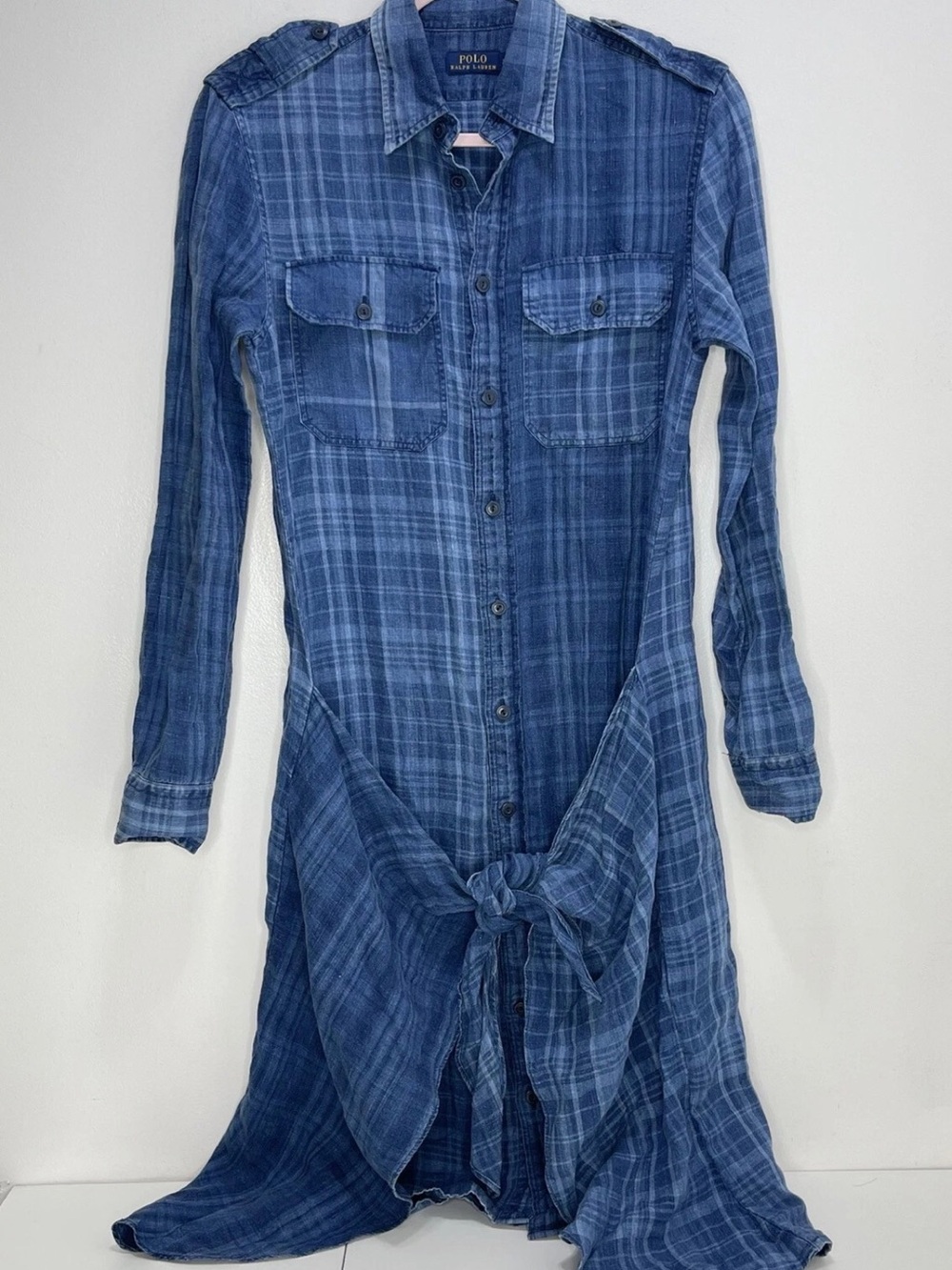 POLO RALPH LAUREN Plaid Linen Shirtdress Denim Plaid Sarong Wrap Dress - 12 - Picture 3 of 6
